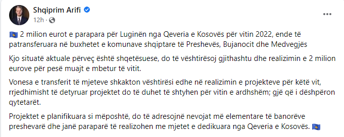 Postimi i Kryetarit të Preshevës, Arifi