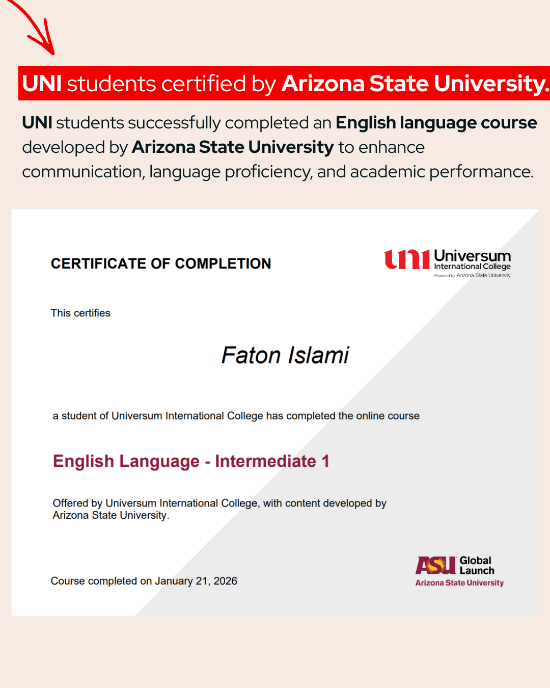 Studentët e UNI po vazhdojnë të certifikohen direkt nga Arizona State University në SHBA